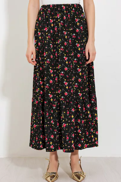 Damen Schwarz Rot Blumen gemustert Langer Strickrock 