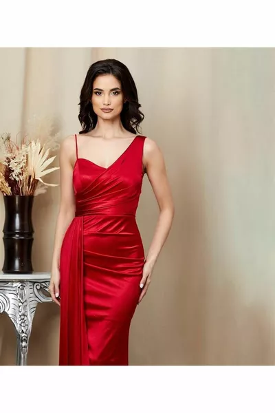 واحد الكتف مطوي طويل الساتان مساء اللباس