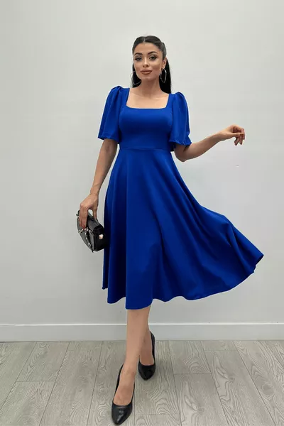 كريب قماش مربع الرقبة ميديبوي مساء اللباس - SAKS MAVİ