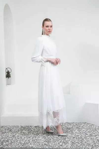 Белое вечернее платье хиджаб с кружевными рукавами и юбкой