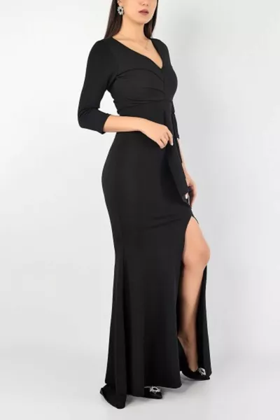 نسيج كريب مرن الخامس الرقبة دولاب الموازنة التفاصيل أسود طويل مساء اللباس شق اللباس  