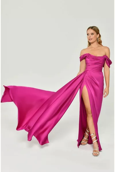 Alpha Beta Slit Dettagliato Manica Bassa Lilla Scuro Abito Da Sera In Raso Da Donna 