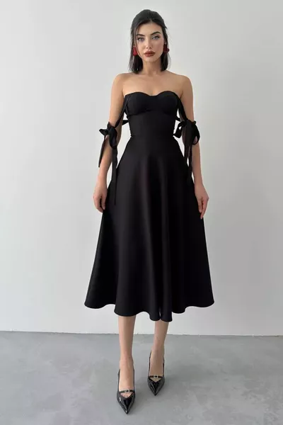 Ремни Соединяемые Атлас Ткань Мягкая Длина Миди Длина Расклешенный Крой Черный Вечернее Платье 