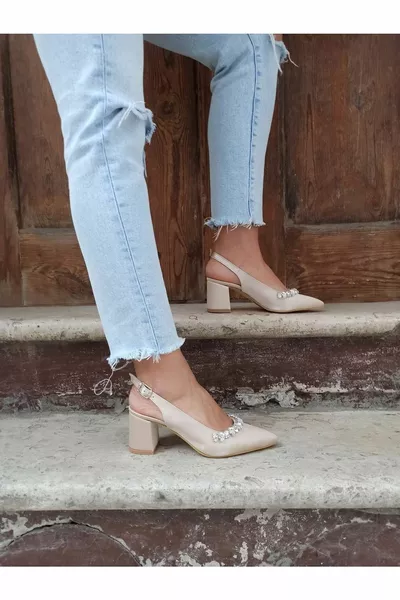 Dix talons épais en satin Stone Détail pour femmes