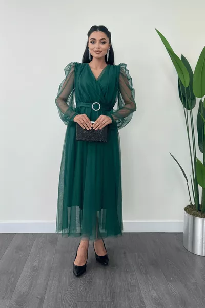 Robe en tissu de tulle à double boutonnage avec ceinture en pierre - ZÜMRÜT YEŞİL
