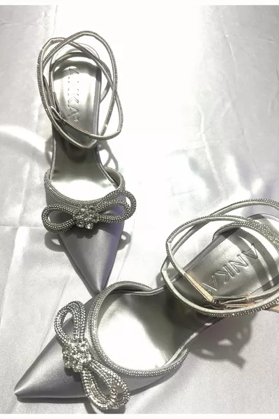 نسائي فضي ساتان 8 سم شفاف بكعب القوس حجر الكاحل ملفوفة مدببة اصبع القدم أحذية السهرة