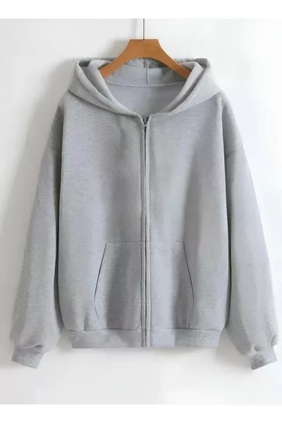 سترة بغطاء رأس بسحّاب بلون واحد للرجال والنساء، واسعة الحجم