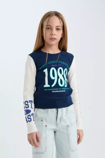 Girls' Cropped Fit Ribbed Jersey Long Sleeve T-Shirt with Print, Crew Neck WN