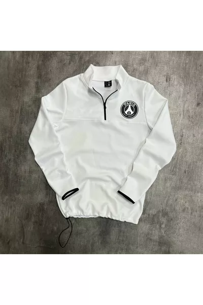 بدلة رياضية بياقة مرتفعة ونصف سحاب من قماش الغوص بقصة ضيقة وطبعة باريس