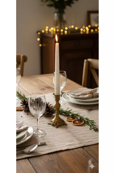 شمعدان ثلاثي مع شموع بلون الكريمة وذهبي