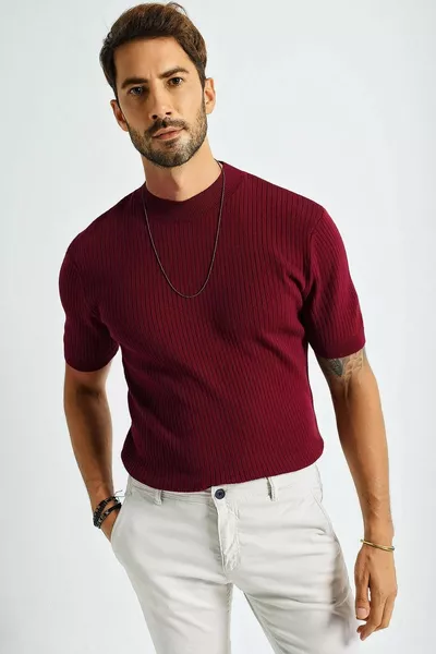 Erkek Bisiklet Yaka Fitilli Kısa Kollu Ince Triko Kazak 