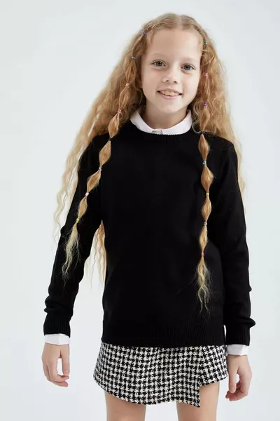 Girls' Black Crew Neck School Sweater