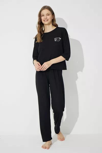 Black Soft Touch Fine Knitted Embroidered Pajama Set
