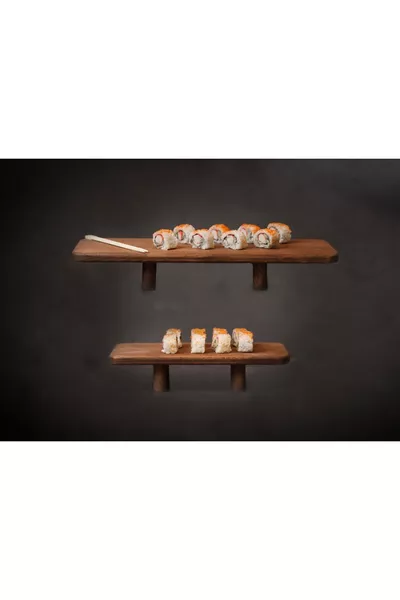 Grote 2-delige houten serveerschaal met cilinderpoot