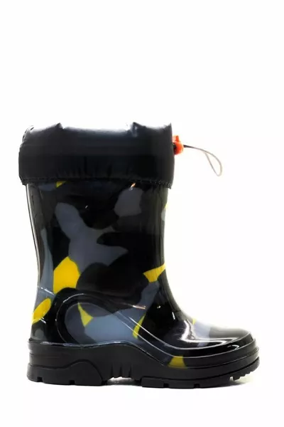  حذاء مطر مموه أسود / أصفر للأولاد مع فرو بالداخل