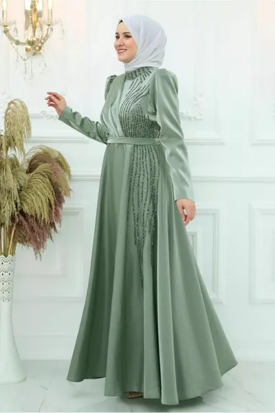 WOMEN'S GREEN (ÇAĞLA) STONE DETAILED EVENING DRESS T 