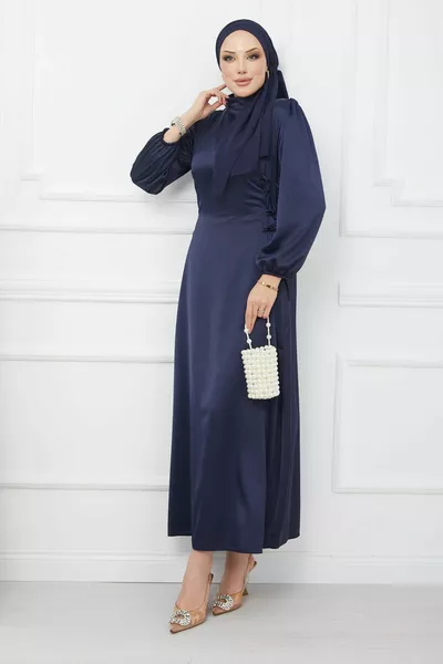 Navy Blue Side Detailed Satin Evening Dress