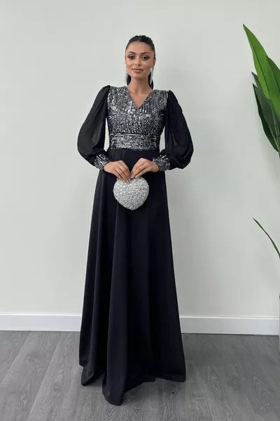 Abito da sera in tulle con maniche in tessuto di paillettes - argento