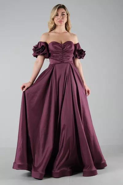 Valse mouw strapless kraag avondjurk Plum 