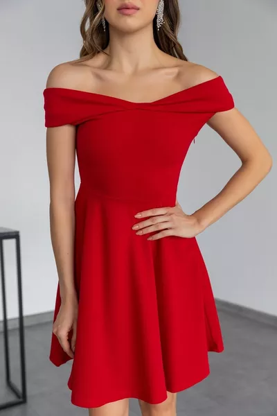 Flexibles Scuba Krepp Stoff Madonna Kragen Kurzes Rotes Abendkleid Abschlusskleid 