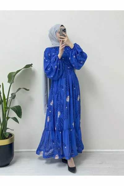 Chiffon dress with drawstring balloon sleeves at the waist and neck