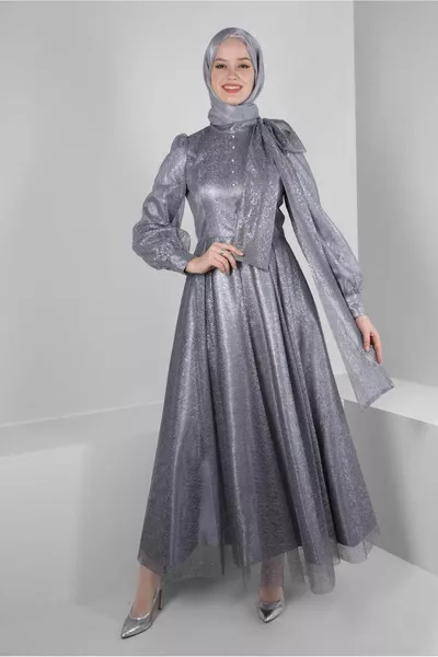SILVERY EVENING DRESS WITH TIE COLLAR 