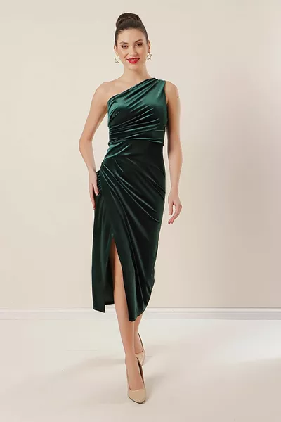 كتف واحد الجبهة كشك المخملية اللباس الزمرد