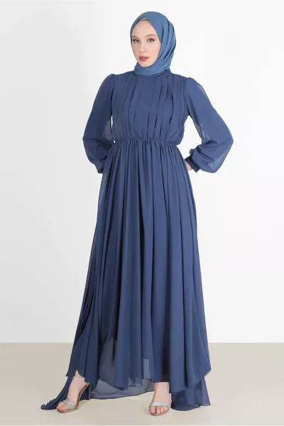Marineblaues (INDIGO) Damen-Abendkleid in Plissee-Optik mit geraffter Taille 