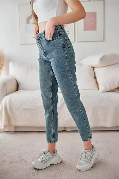 أزرق أمي جينز ليكرا عالية الخصر أزرق سنو غسل أمي جينز مريح للغاية