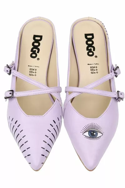 Женские веганские кожаные тапочки на сиреневом каблуке - дизайн «Открой глаза»