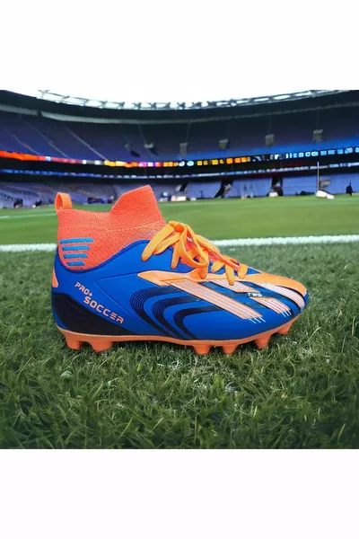 أحذية كرة القدم للأطفال الجوارب الياقة المدورة العشب الميدان أحذية كرة القدم الأزرق الأصفر 