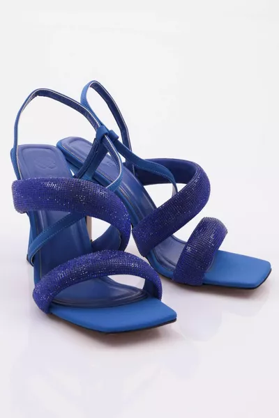  Women's In-Line Thick-Row Silver Heeled Sandals with Diagonal Straps