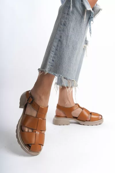 Dames Tan Bandje Leren Comfort Casual Sandalen