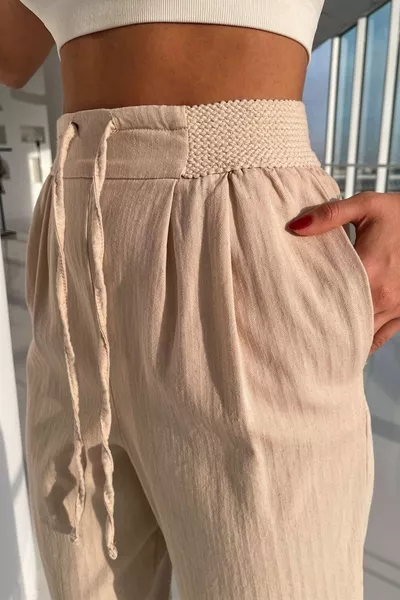 المرأة الخام الكتان الخصر السراويل المطاطية