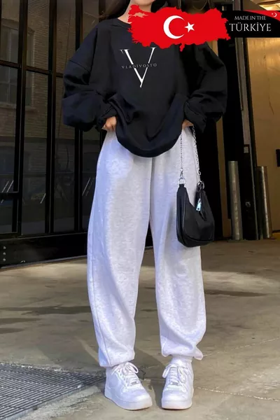 2 fils Cottage épais Plus Size Jogger Gris / Noir Femmes Taille Haute Cottage Pantalon de survêtement surdimensionné