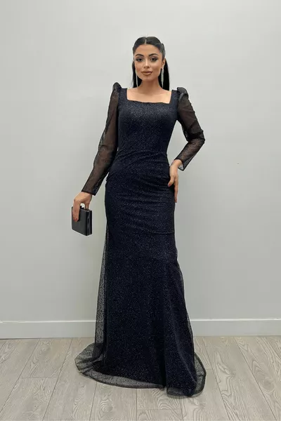 Zilverachtige tule stof vierkante hals vis jurk - zwart