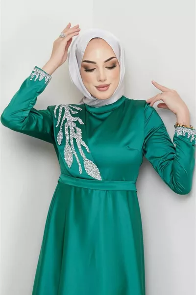 Groene Front Stone Satijnen Hijab Avondjurk