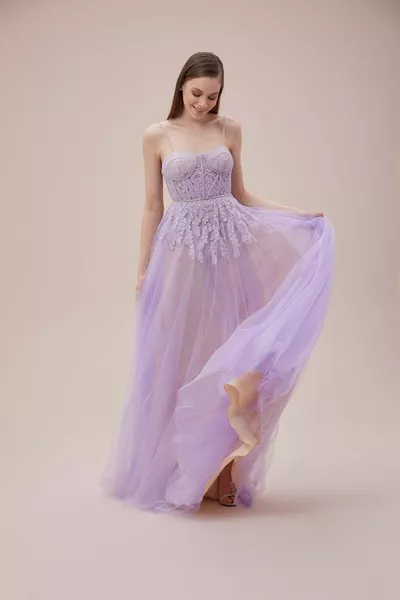 Viola Chan Lilac Lace Embroidered Tulle Skirt Long Dress With Thin Straps