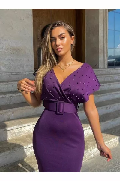 المرأة الأرجواني مزدوج الصدر طوق اللؤلؤ مفصلة بالإضافة إلى حجم الخفافيش الأكمام النسيج حزام ميدي مساء اللباس