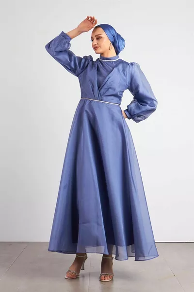 Indigo Hijab Avondjurk met Taille Stone