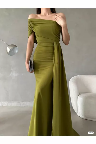 Едно рамо асиметричен дизайн шал подробно макси дължина вечерна рокля