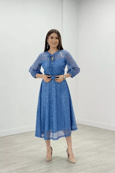 Пълна дантела пайети плат Midi вечерна рокля - индиго синьо