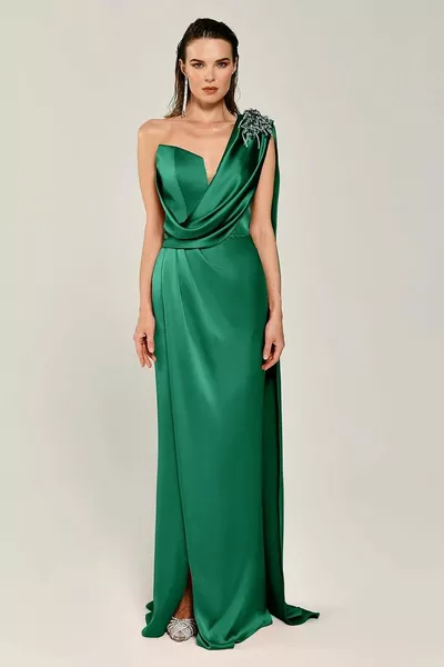 Алфа бета рамо подробни едно рамо зелени дамски вечерни рокля 