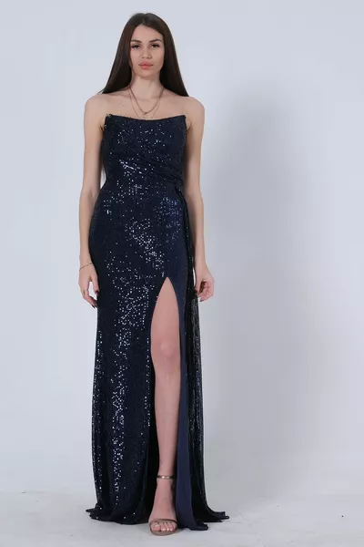 Paillettenbesetztes trägerloses Abendkleid Marineblau 