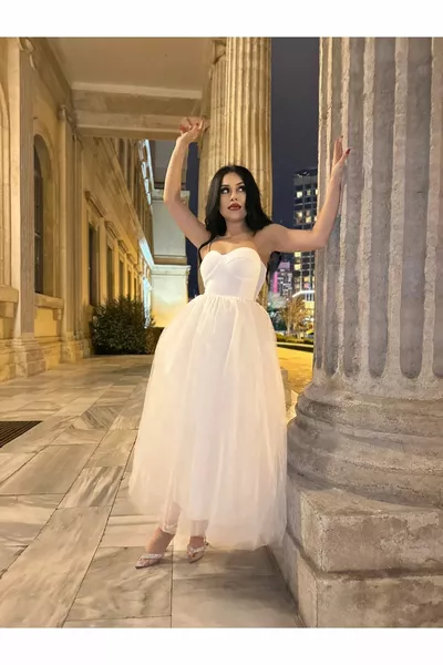 المرأة الأبيض حزام رقيق ميدي تول اللباس