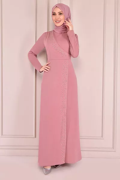 Langes Hijab-Kleid mit Steinstickerei 