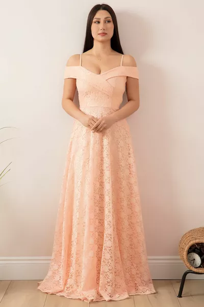 Madonna Long Lace Evening Dress with Neck Straps 