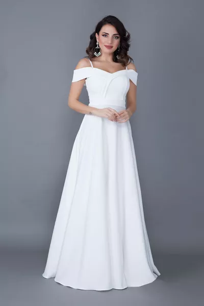 Femme Sangle Épaule Tombante Détail Maxi Taille Évasée Robe De Soirée Blanche Robe De Fiançailles De Mariage Et De Graduation