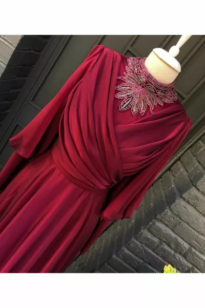 Janjan Chiffon Collar Embroidered Luxury Hijab Evening Dress - Burgundy