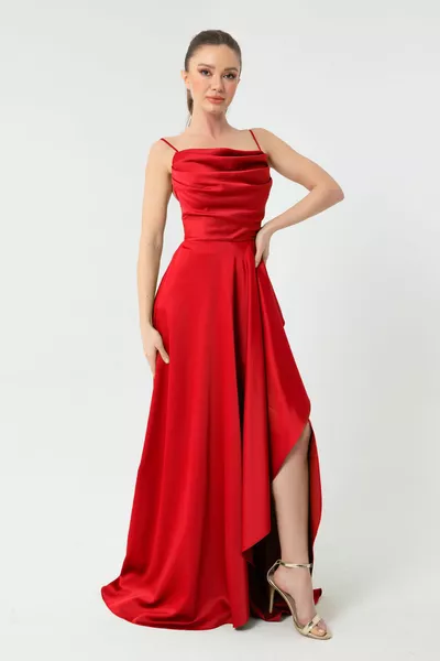 Women's Red Flounce Slit Satin Evening Dress & Graduation Dress